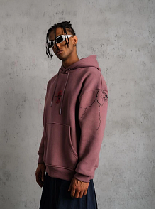 Erkek 3 İplik Pamuklu Kapüşonlu Baskılı Cepli Sweatshirt Hoodie - Gül Kurusu