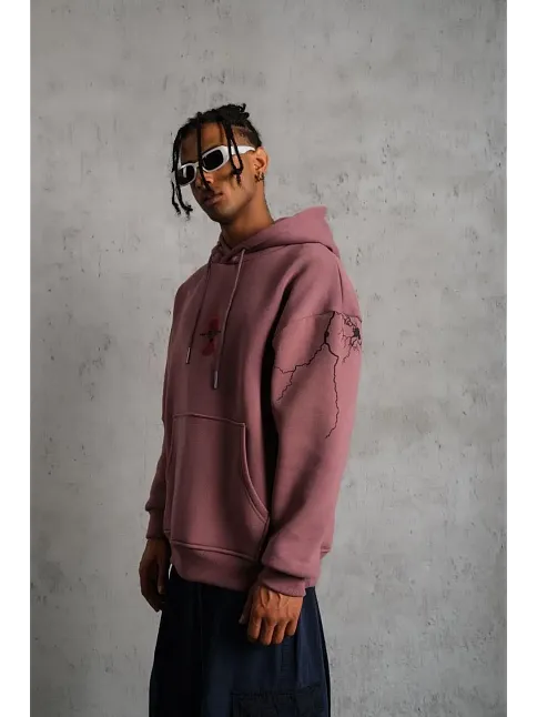 Erkek 3 İplik Pamuklu Kapüşonlu Baskılı Cepli Sweatshirt Hoodie - Gül Kurusu