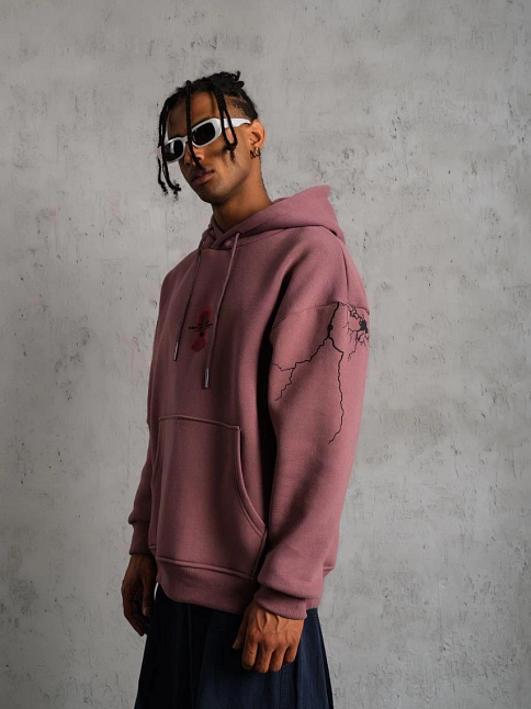 Erkek 3 İplik Pamuklu Kapüşonlu Baskılı Cepli Sweatshirt Hoodie - Gül Kurusu