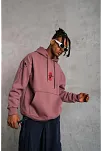 Erkek 3 İplik Pamuklu Kapüşonlu Baskılı Cepli Sweatshirt Hoodie - Gül Kurusu