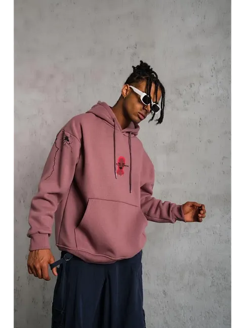 Erkek 3 İplik Pamuklu Kapüşonlu Baskılı Cepli Sweatshirt Hoodie - Gül Kurusu