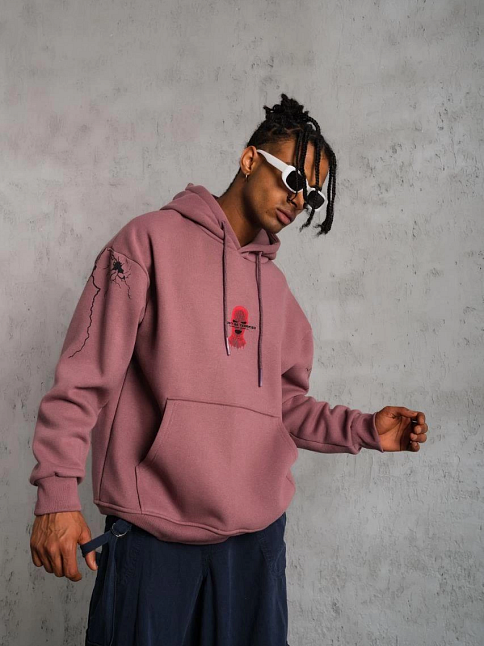 Erkek 3 İplik Pamuklu Kapüşonlu Baskılı Cepli Sweatshirt Hoodie - Gül Kurusu