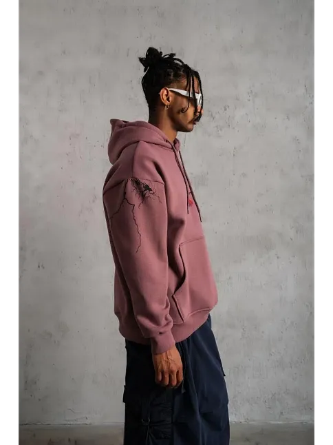 Erkek 3 İplik Pamuklu Kapüşonlu Baskılı Cepli Sweatshirt Hoodie - Gül Kurusu