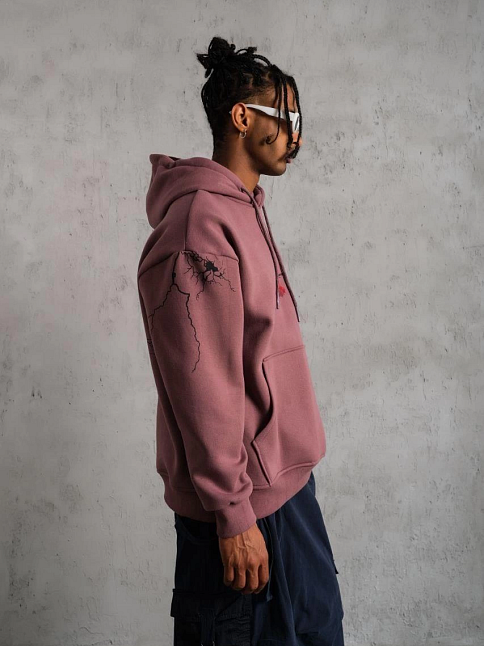 Erkek 3 İplik Pamuklu Kapüşonlu Baskılı Cepli Sweatshirt Hoodie - Gül Kurusu