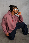 Erkek 3 İplik Pamuklu Kapüşonlu Baskılı Cepli Sweatshirt Hoodie - Gül Kurusu