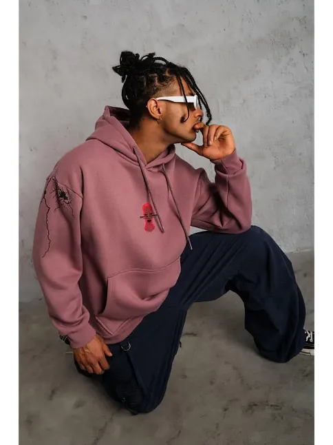 Erkek 3 İplik Pamuklu Kapüşonlu Baskılı Cepli Sweatshirt Hoodie - Gül Kurusu