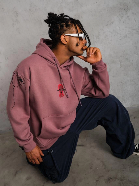 Erkek 3 İplik Pamuklu Kapüşonlu Baskılı Cepli Sweatshirt Hoodie - Gül Kurusu