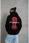 Erkek 3 İplik Pamuklu Kapüşonlu Baskılı Cepli Oversize Sweatshirt Hoodie - Siyah
