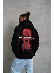 Erkek 3 İplik Pamuklu Kapüşonlu Baskılı Cepli Oversize Sweatshirt Hoodie - Siyah
