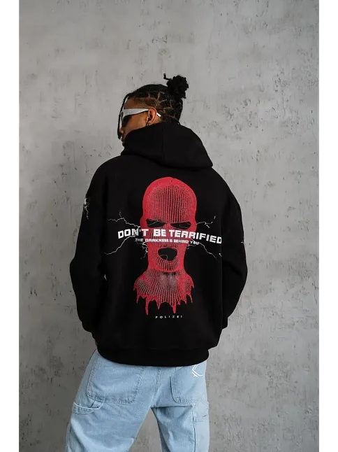 Erkek 3 İplik Pamuklu Kapüşonlu Baskılı Cepli Oversize Sweatshirt Hoodie - Siyah