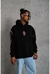 Erkek 3 İplik Pamuklu Kapüşonlu Baskılı Cepli Oversize Sweatshirt Hoodie - Siyah