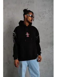 Erkek 3 İplik Pamuklu Kapüşonlu Baskılı Cepli Oversize Sweatshirt Hoodie - Siyah