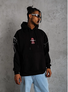 Erkek 3 İplik Pamuklu Kapüşonlu Baskılı Cepli Oversize Sweatshirt Hoodie - Siyah