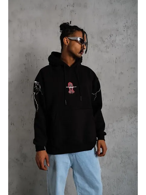 Erkek 3 İplik Pamuklu Kapüşonlu Baskılı Cepli Oversize Sweatshirt Hoodie - Siyah