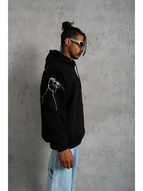 Erkek 3 İplik Pamuklu Kapüşonlu Baskılı Cepli Oversize Sweatshirt Hoodie - Siyah