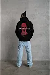 Erkek 3 İplik Pamuklu Kapüşonlu Baskılı Cepli Oversize Sweatshirt Hoodie - Siyah