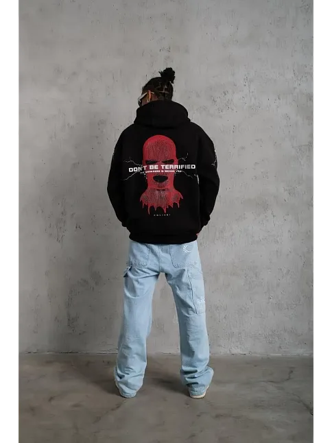 Erkek 3 İplik Pamuklu Kapüşonlu Baskılı Cepli Oversize Sweatshirt Hoodie - Siyah