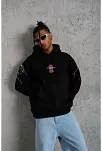 Erkek 3 İplik Pamuklu Kapüşonlu Baskılı Cepli Oversize Sweatshirt Hoodie - Siyah