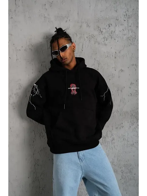 Erkek 3 İplik Pamuklu Kapüşonlu Baskılı Cepli Oversize Sweatshirt Hoodie - Siyah