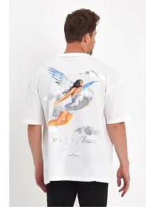 Erkek Kısa Kol Tişört Bisiklet Yaka Melek Baskılı Oversize T-shirt - Beyaz