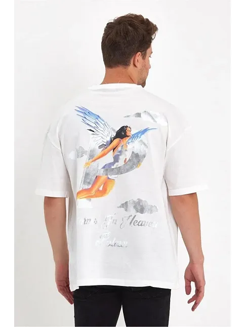 Erkek Kısa Kol Tişört Bisiklet Yaka Melek Baskılı Oversize T-shirt - Beyaz