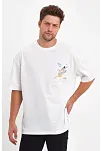 Erkek Kısa Kol Tişört Bisiklet Yaka Melek Baskılı Oversize T-shirt - Beyaz