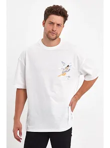 Erkek Kısa Kol Tişört Bisiklet Yaka Melek Baskılı Oversize T-shirt - Beyaz