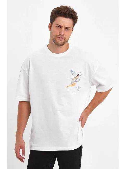 Erkek Kısa Kol Tişört Bisiklet Yaka Melek Baskılı Oversize T-shirt - Beyaz
