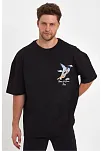 Erkek Melek Baskılı T-shirt Kısa Kol Bisiklet Yaka Rahat Kalıp Günlük Tişört - Siyah
