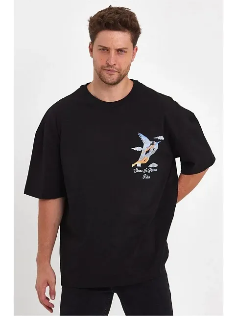 Erkek Melek Baskılı T-shirt Kısa Kol Bisiklet Yaka Rahat Kalıp Günlük Tişört - Siyah