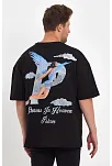 Erkek Melek Baskılı T-shirt Kısa Kol Bisiklet Yaka Rahat Kalıp Günlük Tişört - Siyah