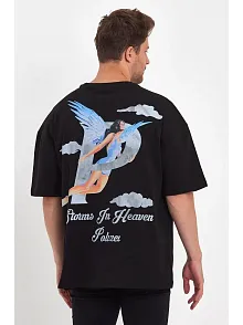 Erkek Melek Baskılı T-shirt Kısa Kol Bisiklet Yaka Rahat Kalıp Günlük Tişört - Siyah