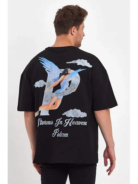 Erkek Melek Baskılı T-shirt Kısa Kol Bisiklet Yaka Rahat Kalıp Günlük Tişört - Siyah