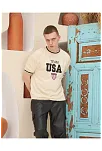 Erkek Bisiklet Yaka Tişört Nakış İşlemeli Kısa Kol Oversize T-shirt - Bej