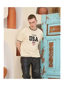 Erkek Bisiklet Yaka Tişört Nakış İşlemeli Kısa Kol Oversize T-shirt - Bej