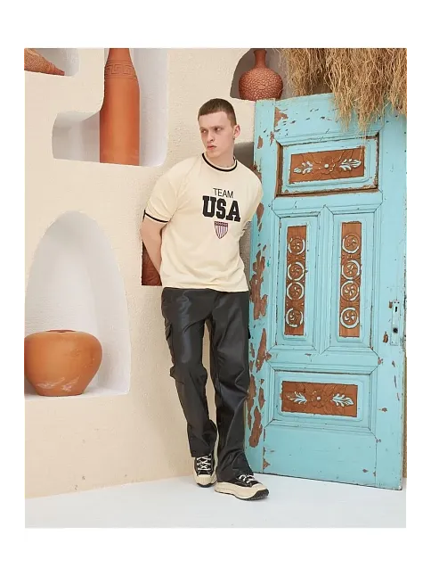 Erkek Bisiklet Yaka Tişört Nakış İşlemeli Kısa Kol Oversize T-shirt - Bej