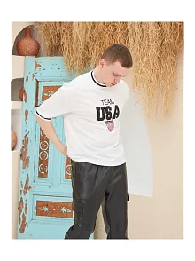 Erkek Bisiklet Yaka Tişört Nakış İşlemeli Kısa Kol Oversize T-shirt - Beyaz
