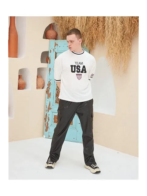 Erkek Bisiklet Yaka Tişört Nakış İşlemeli Kısa Kol Oversize T-shirt - Beyaz