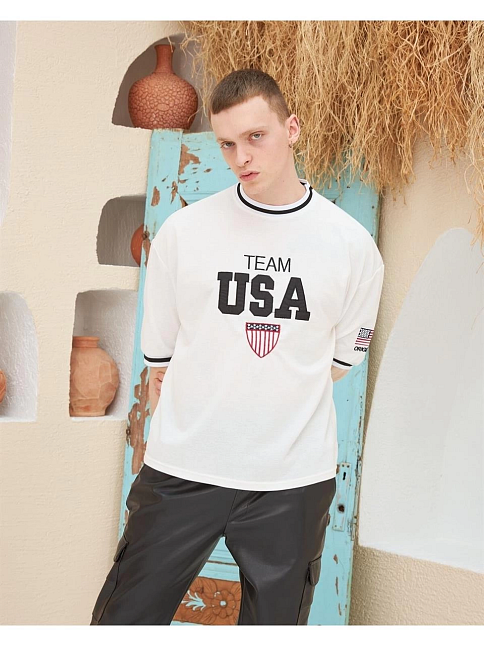 Erkek Bisiklet Yaka Tişört Nakış İşlemeli Kısa Kol Oversize T-shirt - Beyaz