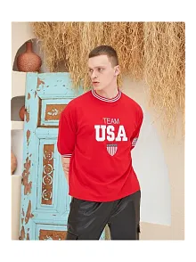 Erkek Bisiklet Yaka Tişört Nakış İşlemeli Kısa Kol Oversize T-shirt - Kırmızı