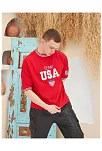 Erkek Bisiklet Yaka Tişört Nakış İşlemeli Kısa Kol Oversize T-shirt - Kırmızı