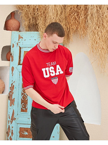 Erkek Bisiklet Yaka Tişört Nakış İşlemeli Kısa Kol Oversize T-shirt - Kırmızı