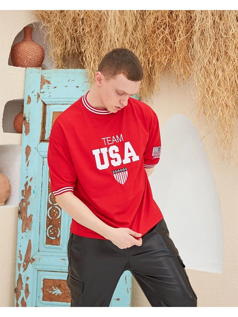 Erkek Bisiklet Yaka Tişört Nakış İşlemeli Kısa Kol Oversize T-shirt - Kırmızı