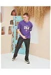 Erkek Bisiklet Yaka Tişört Nakış İşlemeli Kısa Kol Oversize T-shirt - Mor