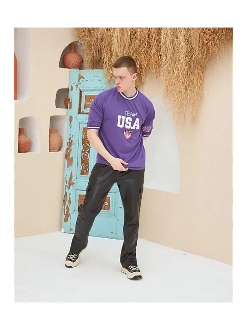 Erkek Bisiklet Yaka Tişört Nakış İşlemeli Kısa Kol Oversize T-shirt - Mor