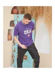 Erkek Bisiklet Yaka Tişört Nakış İşlemeli Kısa Kol Oversize T-shirt - Mor