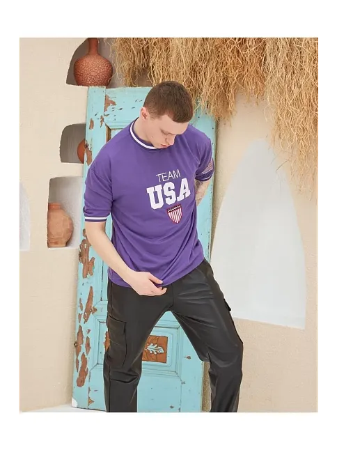 Erkek Bisiklet Yaka Tişört Nakış İşlemeli Kısa Kol Oversize T-shirt - Mor