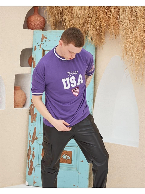 Erkek Bisiklet Yaka Tişört Nakış İşlemeli Kısa Kol Oversize T-shirt - Mor