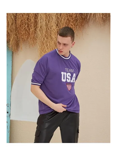 Erkek Bisiklet Yaka Tişört Nakış İşlemeli Kısa Kol Oversize T-shirt - Mor