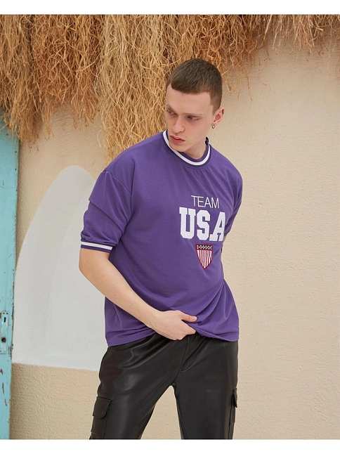 Erkek Bisiklet Yaka Tişört Nakış İşlemeli Kısa Kol Oversize T-shirt - Mor